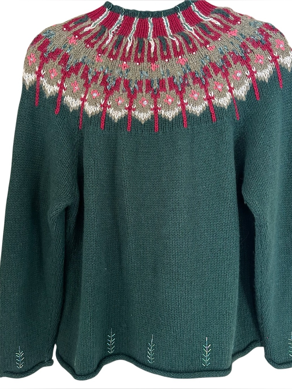 Susan Bristol Angora Blend Fair Isle Beaded Zip Front Cardigan Sweater Green PL - Picture 5 of 10